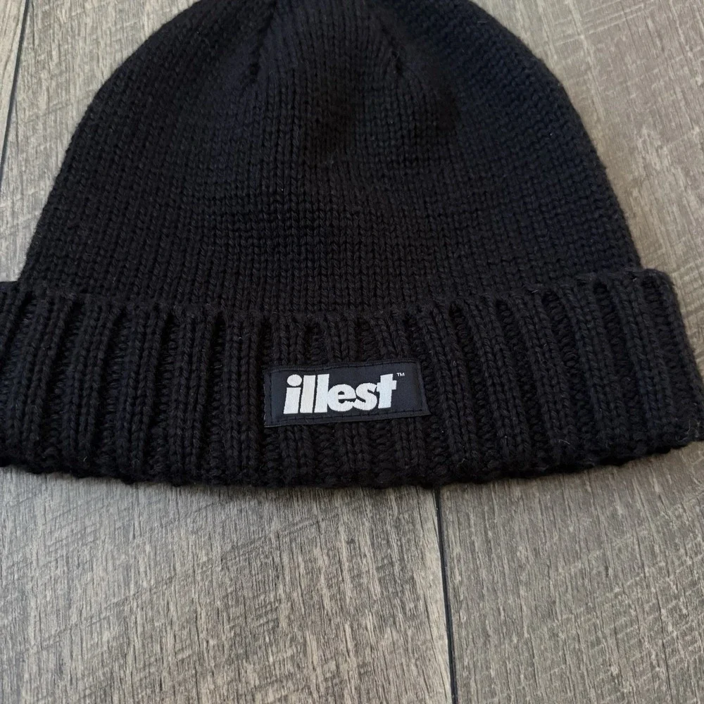 Y2K Illest Beanie Hat Black Knit Cuffed Logo Patch Streetwear Skull Cap Adult OS